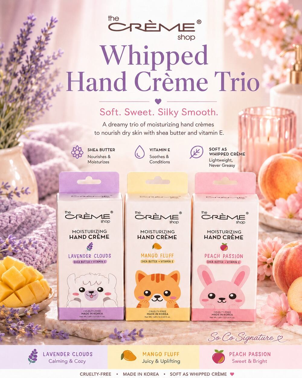 The Creme Shop Hand Cream Trio Mango Peach Lavender K Beauty Gift Set NWT